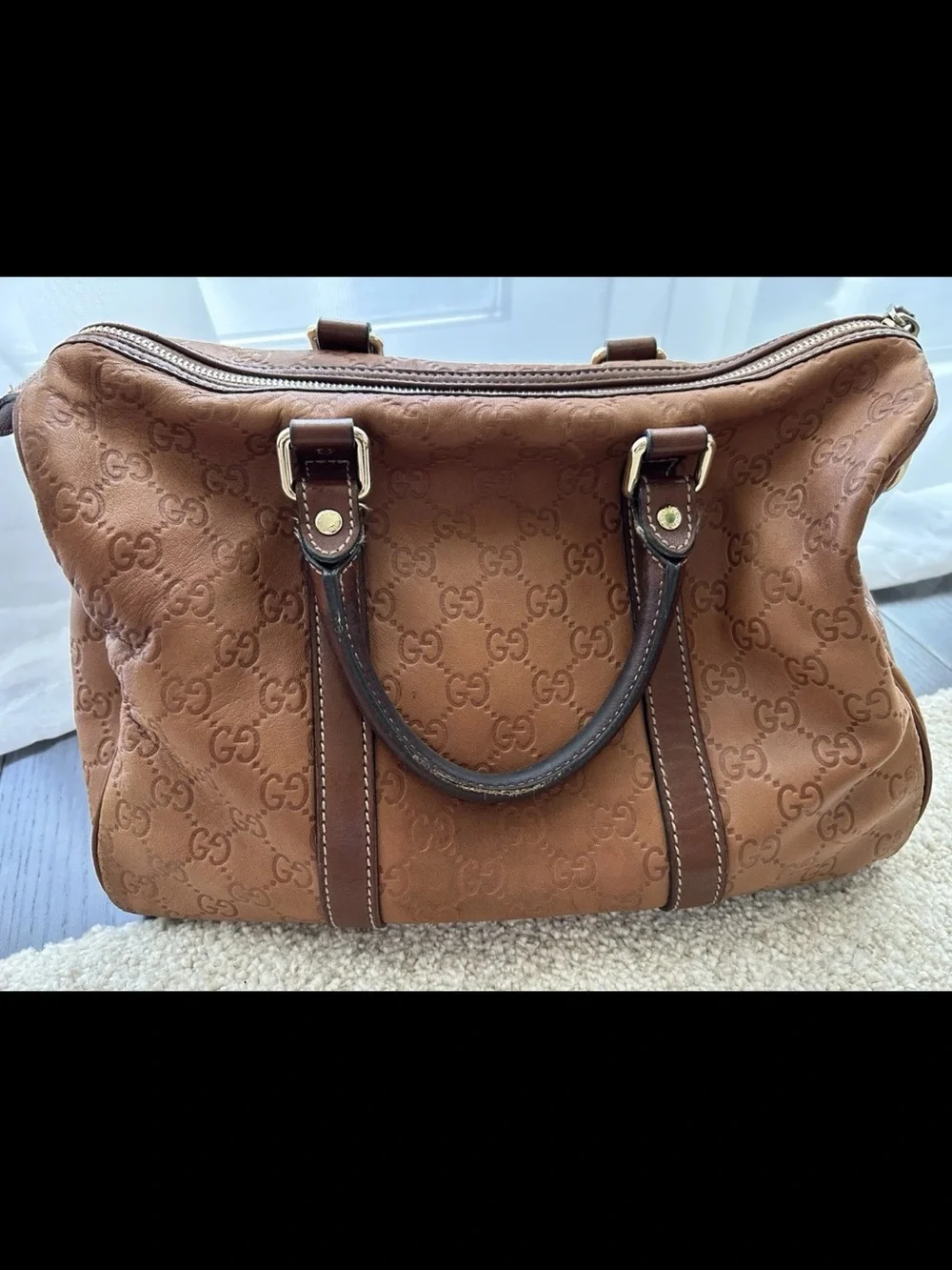 Authentic GUCCI Guccissima Brown Leather Boston Bag Vintage Joy Satchel Medium